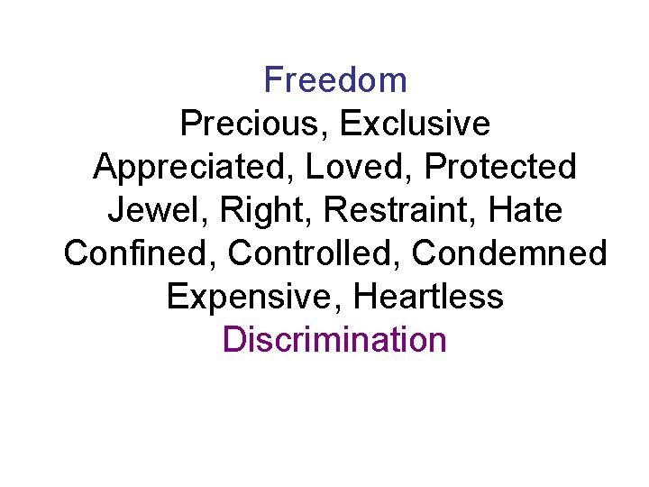 Freedom Precious, Exclusive Appreciated, Loved, Protected Jewel, Right, Restraint, Hate Confined, Controlled, Condemned Expensive,