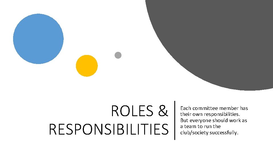 ROLES & RESPONSIBILITIES Each committee member has their own responsibilities. But everyone should work