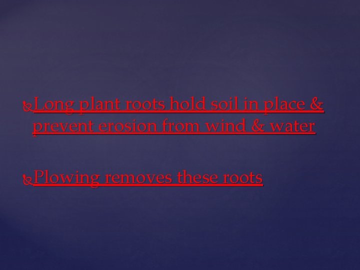 Long plant roots hold soil in place & prevent erosion from wind & water
