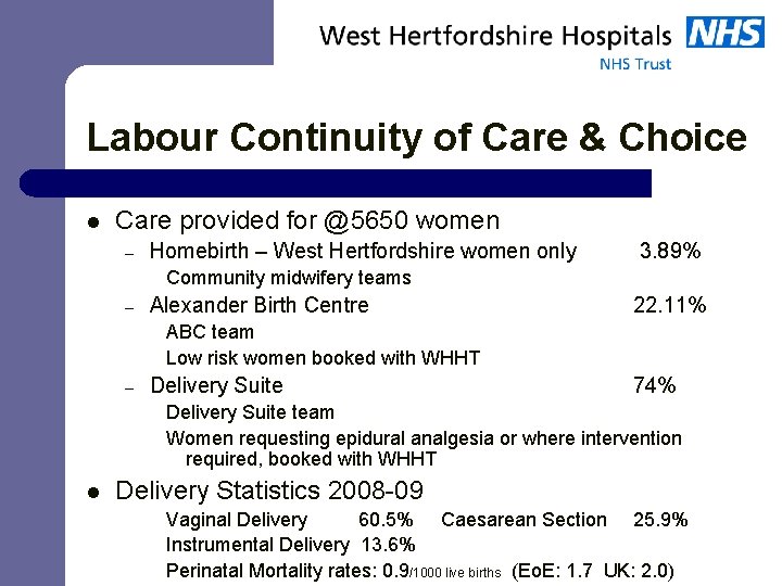 Labour Continuity of Care & Choice l Care provided for @5650 women – Homebirth