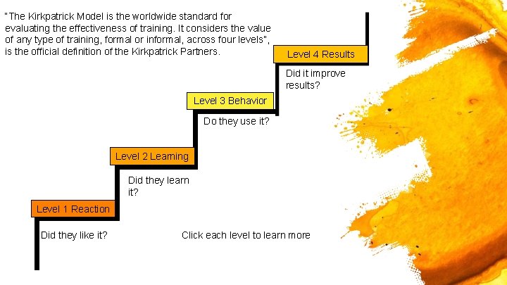 “The Kirkpatrick Model is the worldwide standard for evaluating the effectiveness of training. It