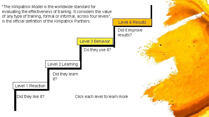 “The Kirkpatrick Model is the worldwide standard for evaluating the effectiveness of training. It
