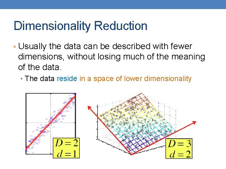 Dimensionality Reduction • Usually the data can be described with fewer dimensions, without losing