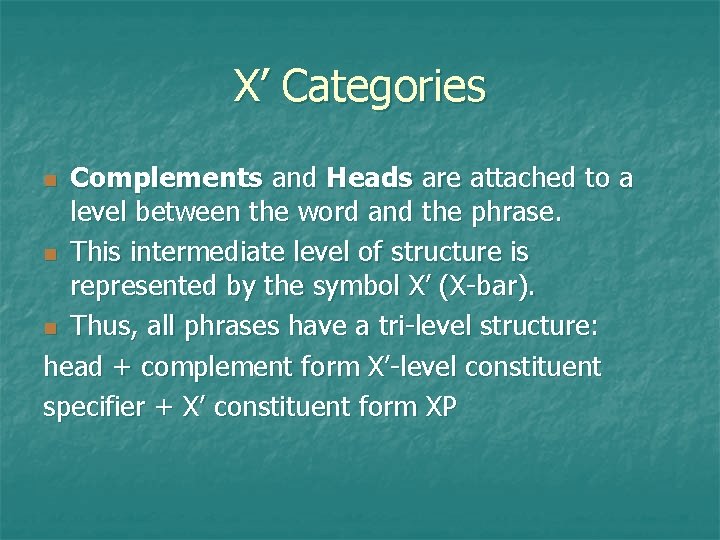 X’ Categories Complements and Heads are attached to a level between the word and
