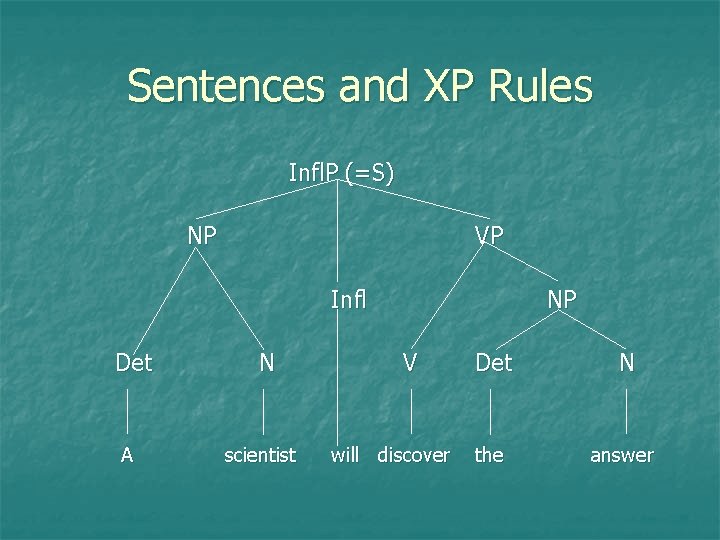 Sentences and XP Rules Infl. P (=S) NP VP Infl Det A N scientist