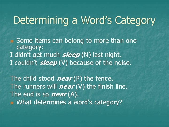 Determining a Word’s Category Some items can belong to more than one category: I