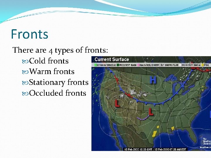 Fronts There are 4 types of fronts: Cold fronts Warm fronts Stationary fronts Occluded