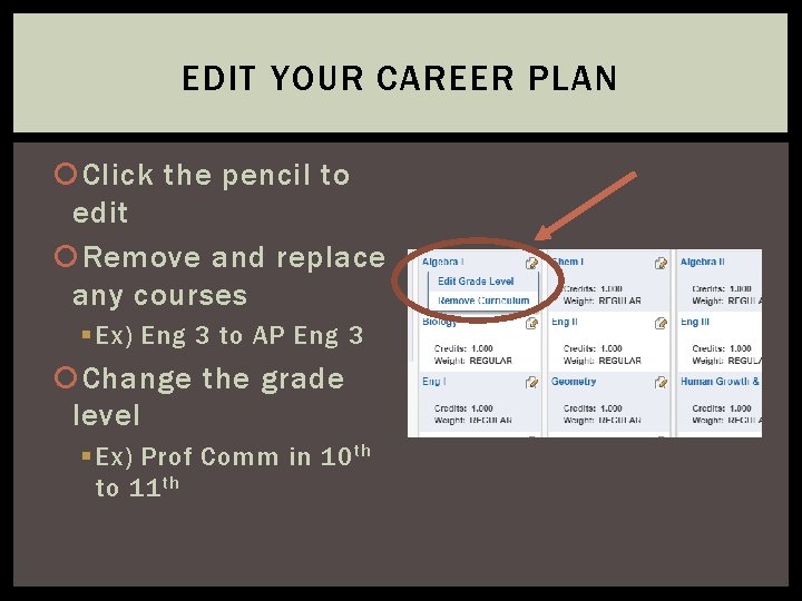 EDIT YOUR CAREER PLAN Click the pencil to edit Remove and replace any courses
