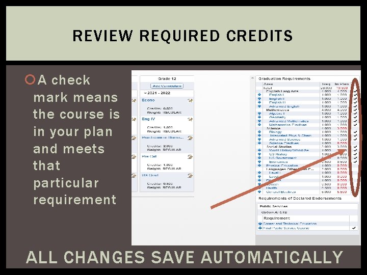 REVIEW REQUIRED CREDITS A check mark means the course is in your plan and