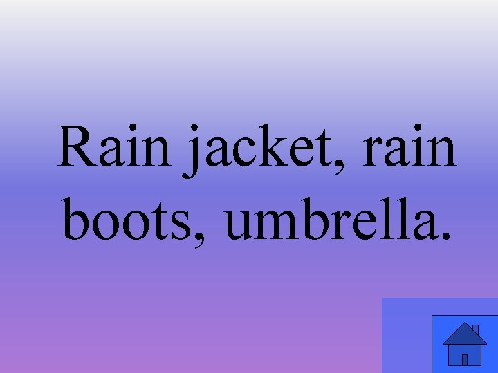 Rain jacket, rain boots, umbrella. 