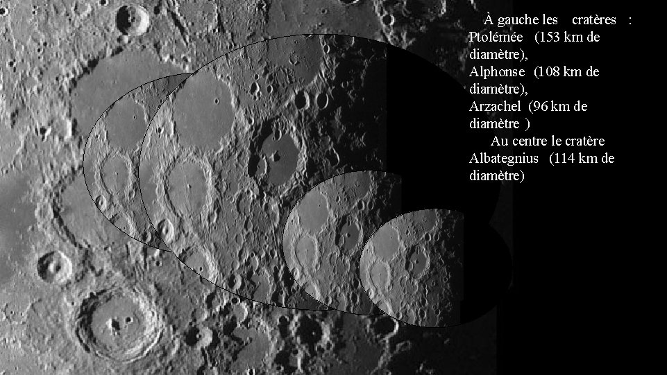À gauche les cratères : Ptolémée (153 km de diamètre), Alphonse (108 km de