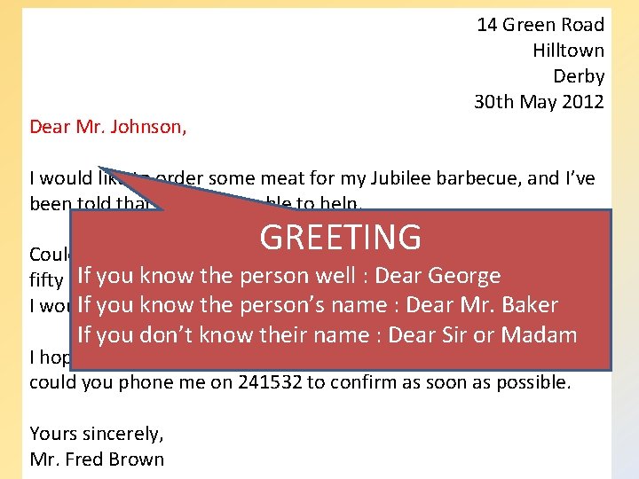 14 Green Road Hilltown Derby 30 th May 2012 Dear Mr. Johnson, I would
