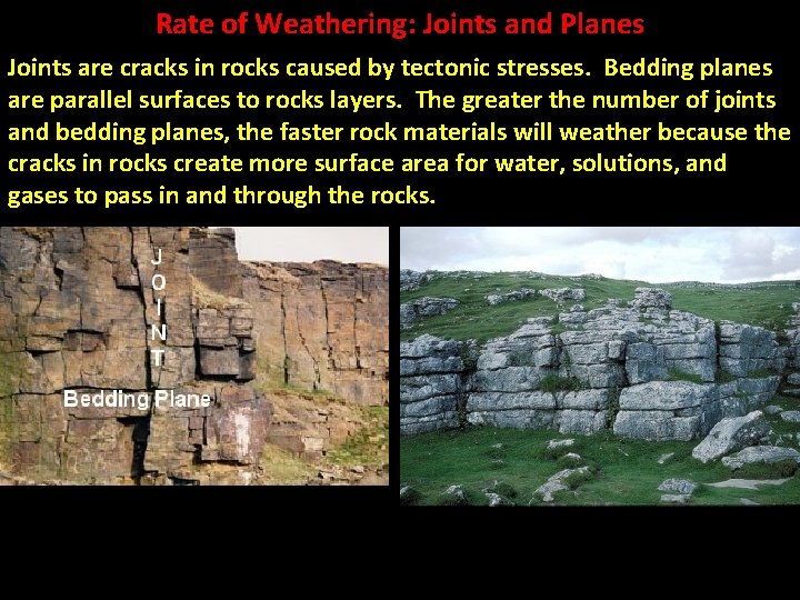 Rate of Weathering: Joints and Planes Joints are cracks in rocks caused by tectonic
