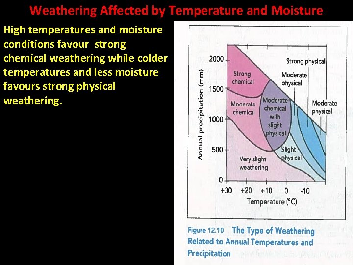 Weathering Affected by Temperature and Moisture High temperatures and moisture conditions favour strong chemical