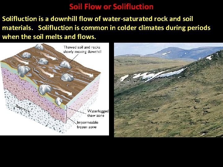 Soil Flow or Solifluction is a downhill flow of water-saturated rock and soil materials.