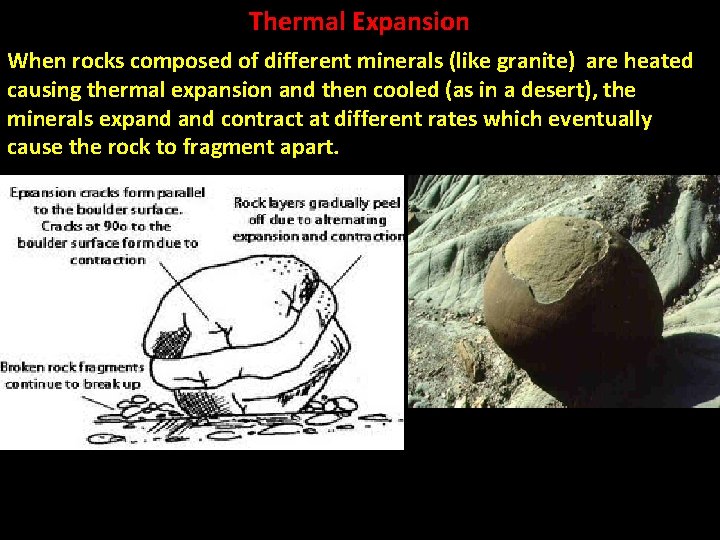 Thermal Expansion When rocks composed of different minerals (like granite) are heated causing thermal