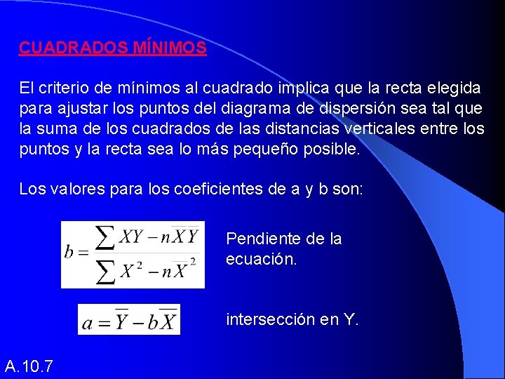 CUADRADOS MÍNIMOS El criterio de mínimos al cuadrado implica que la recta elegida para