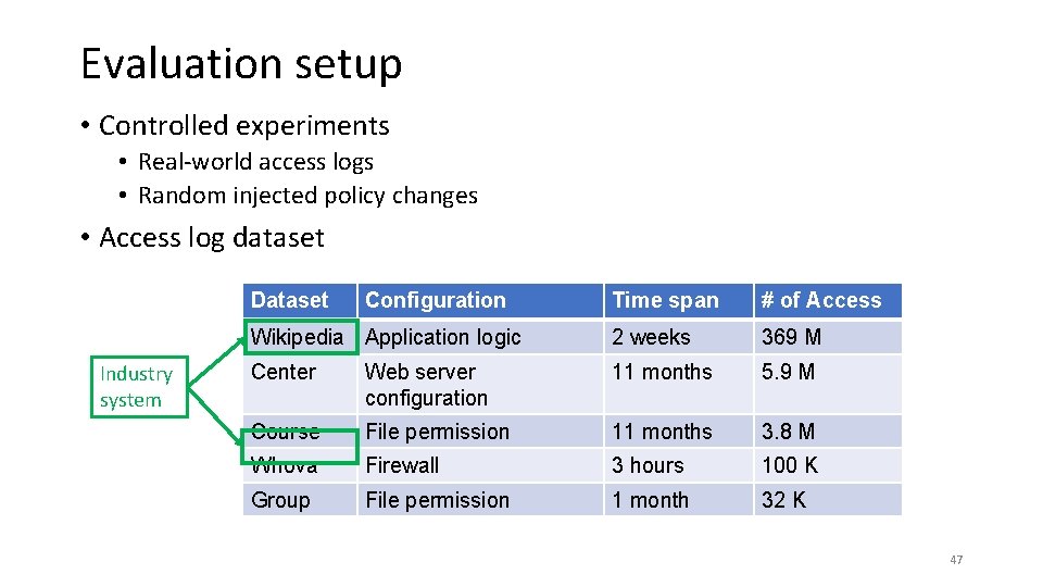 Evaluation setup • Controlled experiments • Real-world access logs • Random injected policy changes