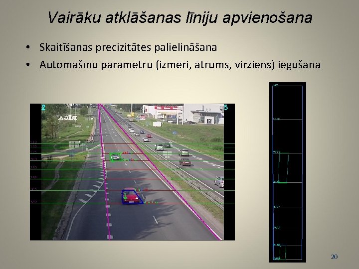 Vairāku atklāšanas līniju apvienošana • Skaitīšanas precizitātes palielināšana • Automašīnu parametru (izmēri, ātrums, virziens)