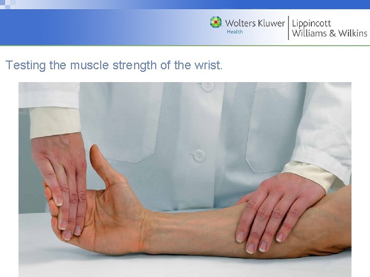 Testing the muscle strength of the wrist. Copyright © 2009 Wolters Kluwer Health |