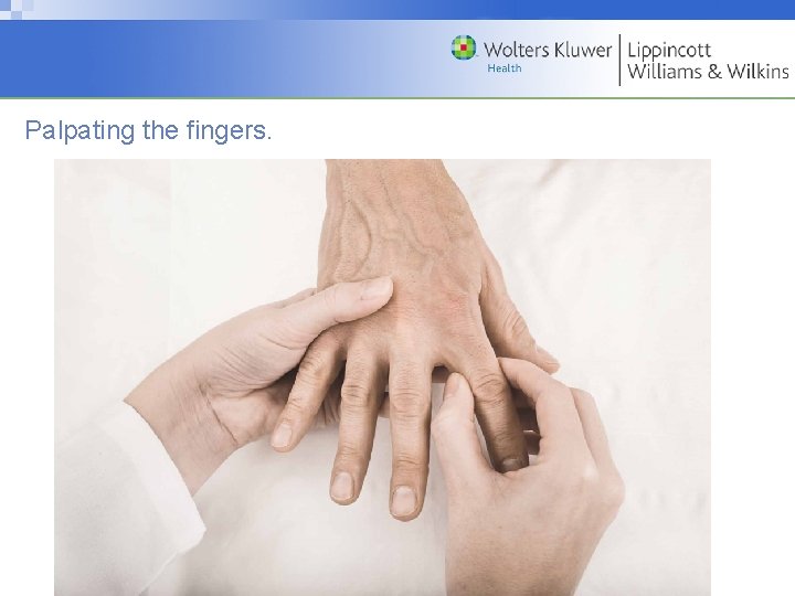 Palpating the fingers. Copyright © 2009 Wolters Kluwer Health | Lippincott Williams & Wilkins