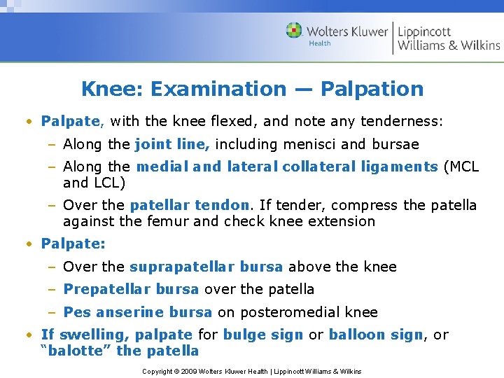 Knee: Examination — Palpation • Palpate, with the knee flexed, and note any tenderness: