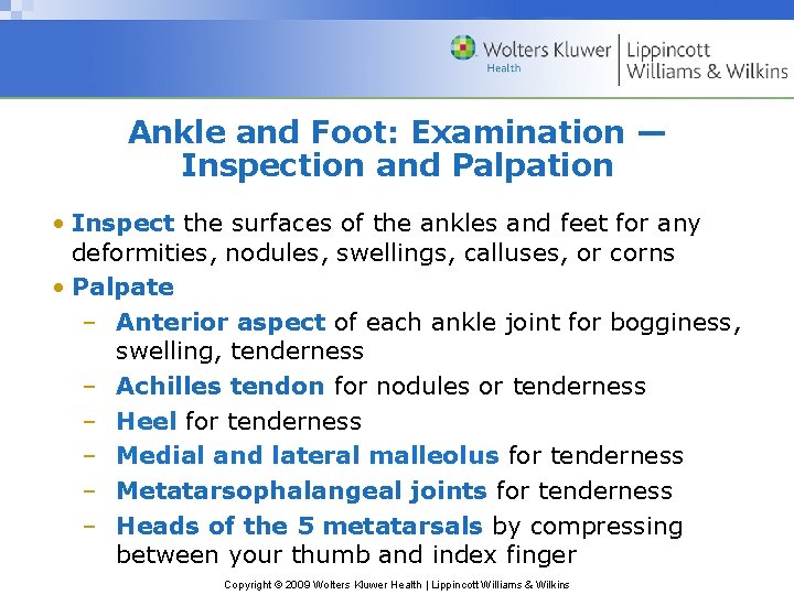 Ankle and Foot: Examination — Inspection and Palpation • Inspect the surfaces of the
