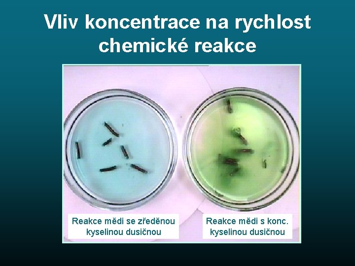 Vliv koncentrace na rychlost chemické reakce Reakce mědi se zředěnou kyselinou dusičnou Reakce mědi