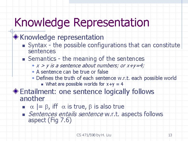 Knowledge Representation Knowledge representation n n Syntax - the possible configurations that can constitute