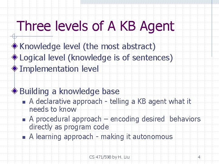 Three levels of A KB Agent Knowledge level (the most abstract) Logical level (knowledge