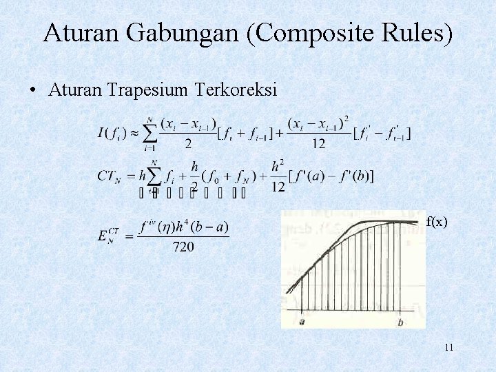 Aturan Gabungan (Composite Rules) • Aturan Trapesium Terkoreksi f(x) 11 