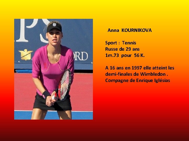 Anna KOURNIKOVA Sport : Tennis Russe de 29 ans 1 m. 73 pour 56