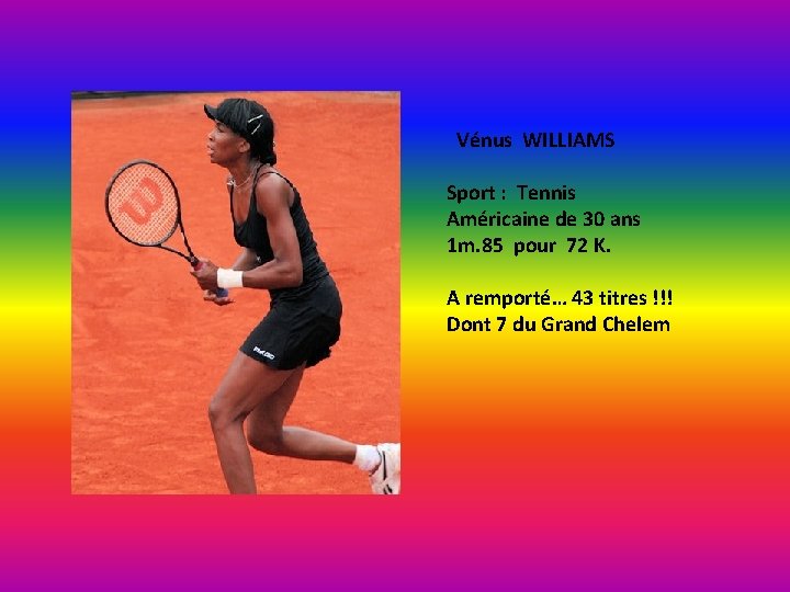 Vénus WILLIAMS Sport : Tennis Américaine de 30 ans 1 m. 85 pour 72