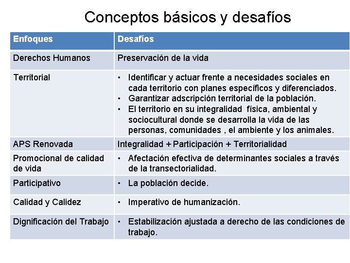 Conceptos básicos y desafíos Enfoques Desafíos Derechos Humanos Preservación de la vida Territorial •