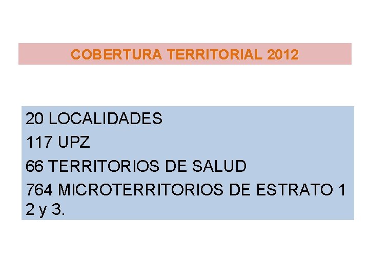 COBERTURA TERRITORIAL 2012 20 LOCALIDADES 117 UPZ 66 TERRITORIOS DE SALUD 764 MICROTERRITORIOS DE