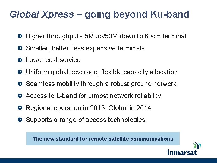 Global Xpress – going beyond Ku-band Higher throughput - 5 M up/50 M down Global Xpress – going beyond Ku-band Higher throughput - 5 M up/50 M down