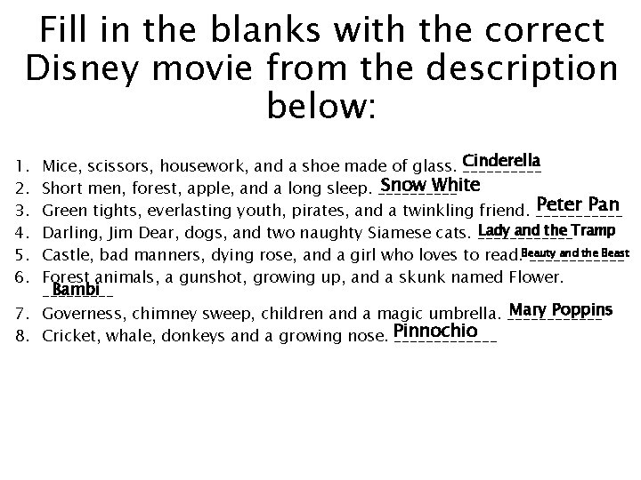 Fill in the blanks with the correct Disney movie from the description below: Mice,