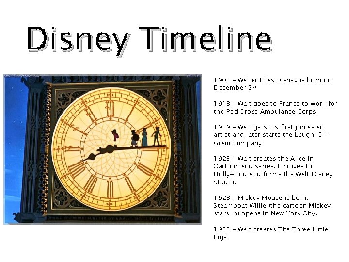 Disney Timeline 1901 – Walter Elias Disney is born on December 5 th 1918