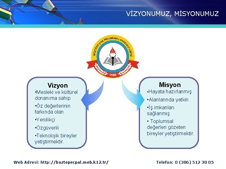 VİZYONUMUZ, MİSYONUMUZ Vizyon Misyon • Mesleki ve kültürel donanıma sahip • Hayata hazırlanmış •