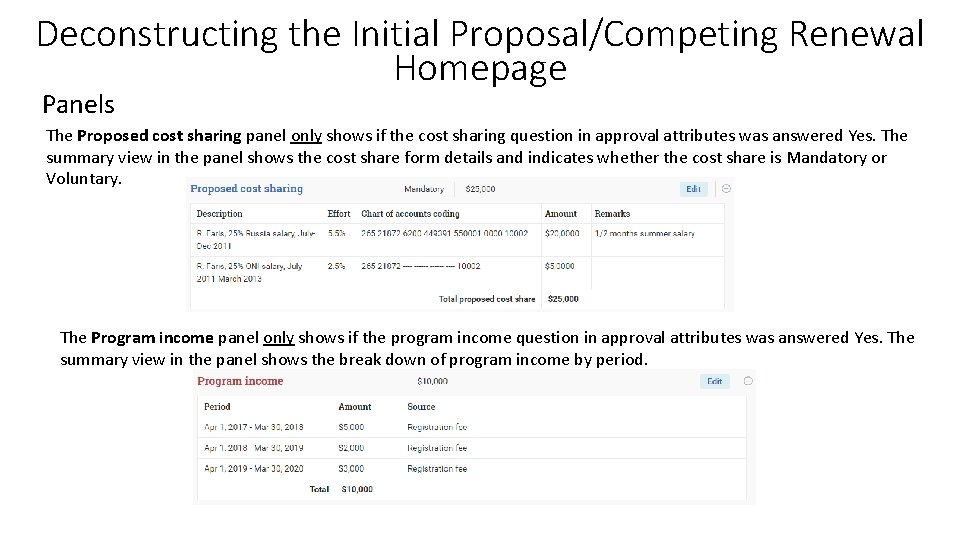 Deconstructing the Initial Proposal/Competing Renewal Homepage Panels The Proposed cost sharing panel only shows