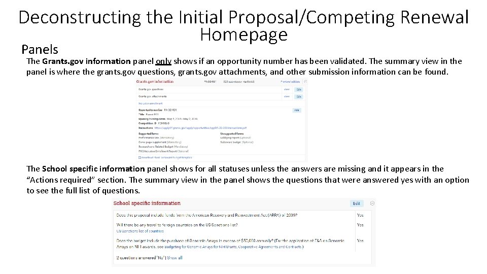 Deconstructing the Initial Proposal/Competing Renewal Homepage Panels The Grants. gov information panel only shows