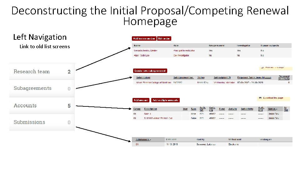 Deconstructing the Initial Proposal/Competing Renewal Homepage Left Navigation Link to old list screens 