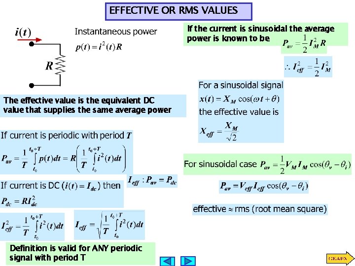 EFFECTIVE OR RMS VALUES If the current is sinusoidal the average power is known