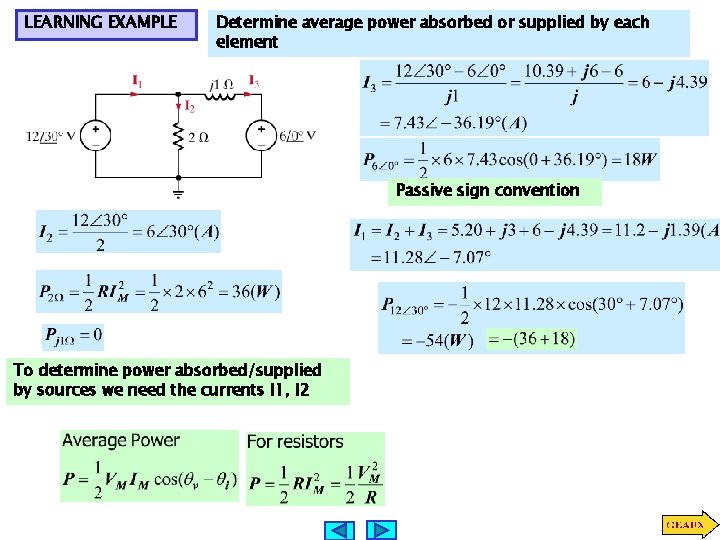 LEARNING EXAMPLE Determine average power absorbed or supplied by each element Passive sign convention