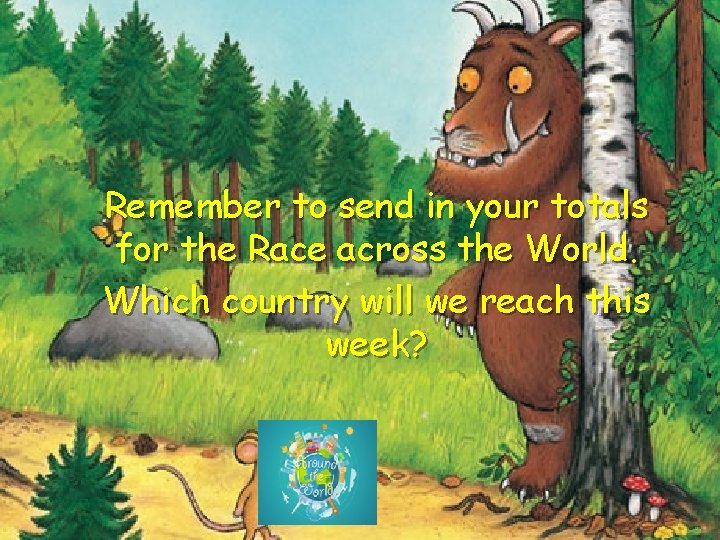 Remember to send in your totals for the Race across the World. Which country