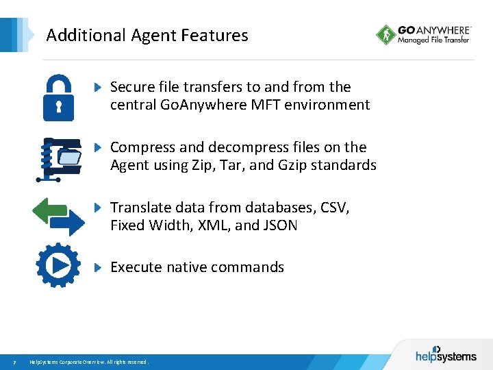 Additional Agent Features Secure file transfers to and from the central Go. Anywhere MFT