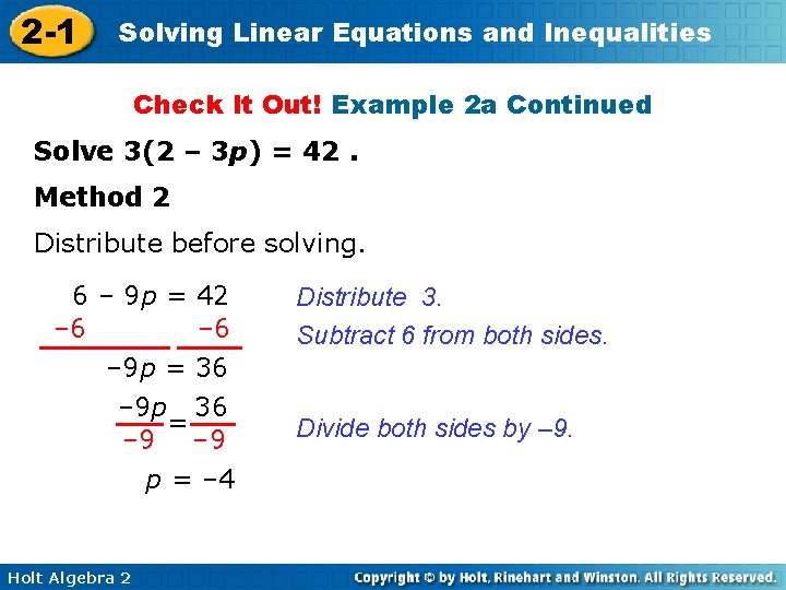 2 -1 Solving Linear Equations and Inequalities Check It Out! Example 2 a Continued