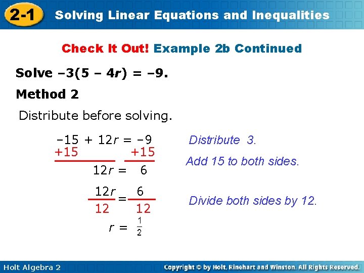 2 -1 Solving Linear Equations and Inequalities Check It Out! Example 2 b Continued