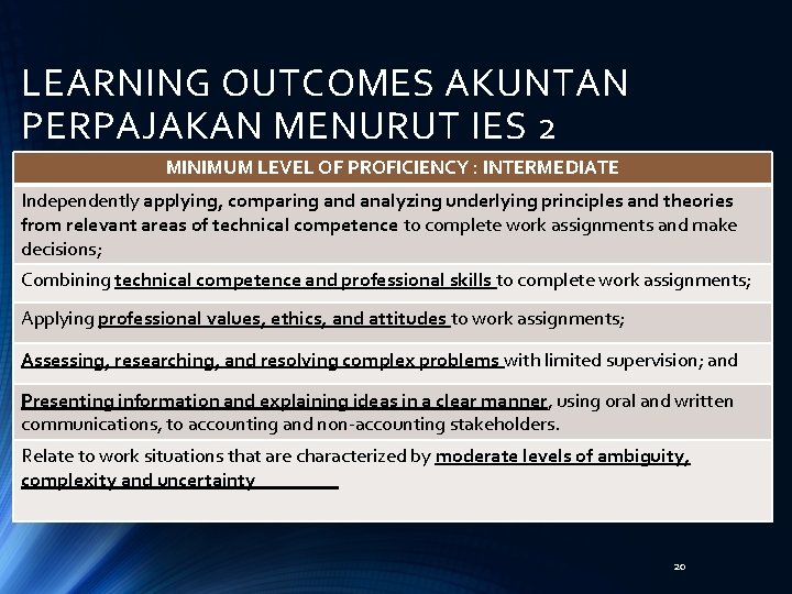 LEARNING OUTCOMES AKUNTAN PERPAJAKAN MENURUT IES 2 MINIMUM LEVEL OF PROFICIENCY : INTERMEDIATE Independently