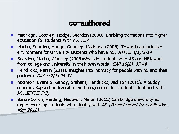 co-authored n n n Madriaga, Goodley, Hodge, Beardon (2008). Enabling transitions into higher education